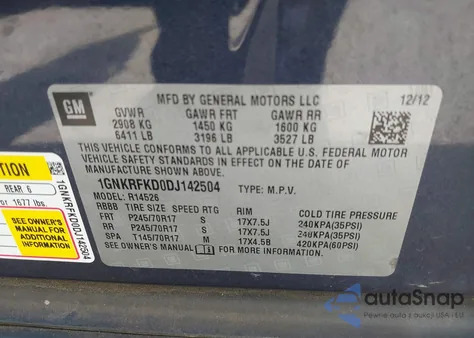 2013 Chevrolet Traverse Ls z USA, uszkodzony, nr VIN 1GNKRFKD0DJ142504